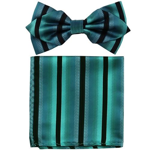 Blue/Black Striped Bow Tie with Pocket Square (Pointed Tip)-Men's Bow Ties-ABC Fashion