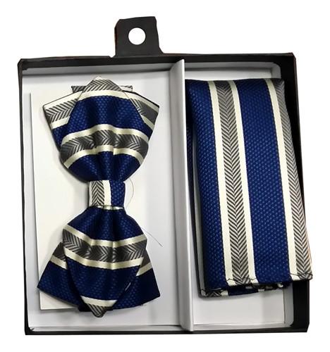 Blue/Gray Striped Bow Tie with Pocket Square (Pointed Tip)-Men's Bow Ties-ABC Fashion