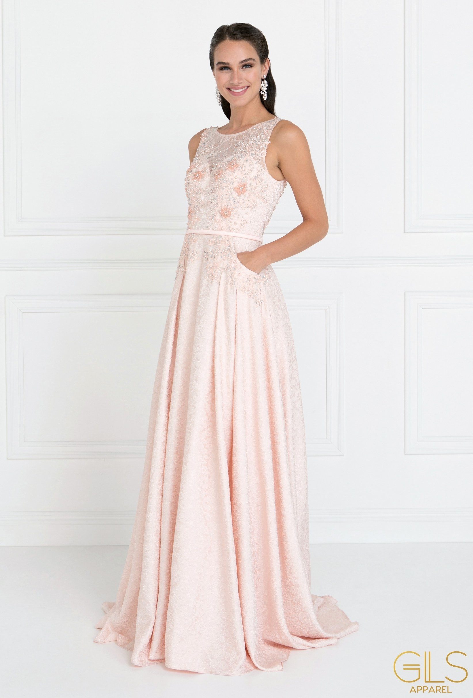 Blush Long Lace Bodice Dress with Pockets by Elizabeth K GL1545 S / Blush