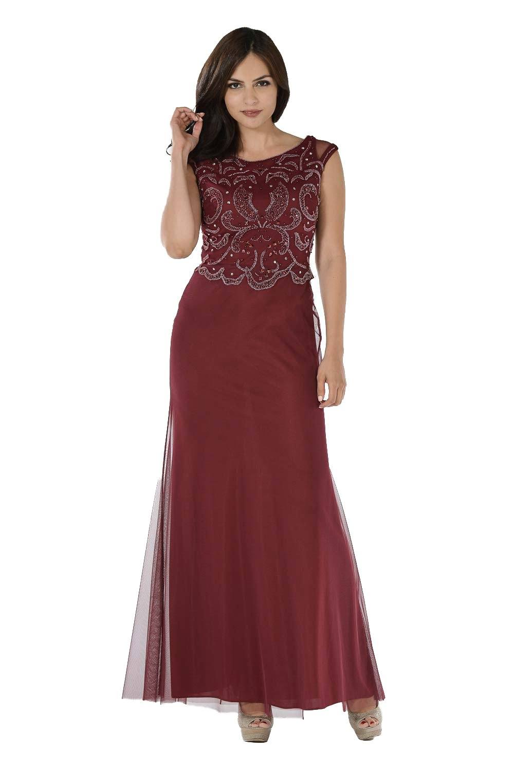 Burgundy Long Dress with Beaded Mesh Bodice by Poly USA  ABC Fashion