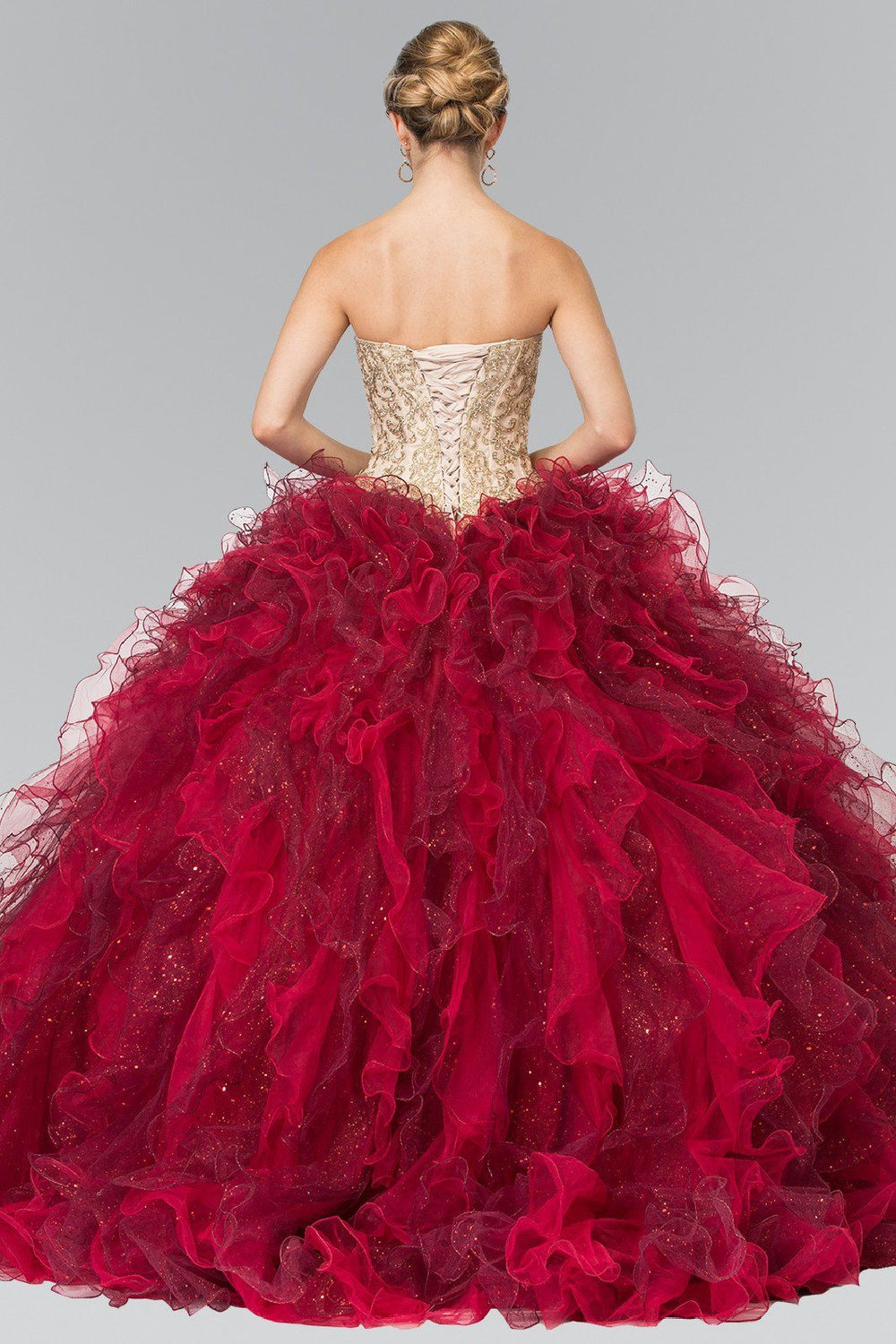 Burgundy Strapless Ruffled Ballgown by Elizabeth K GL2211-Quinceanera Dresses-ABC Fashion