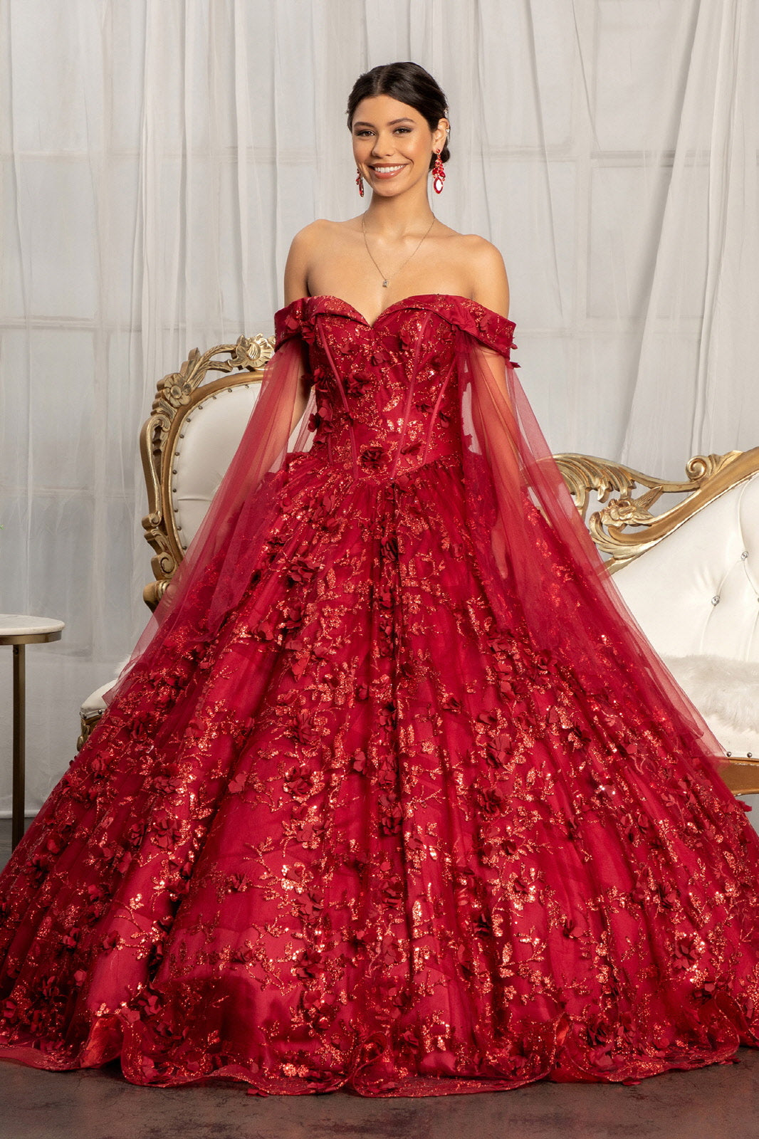 red dress with cape sleeves Elegant Red Chiffon Evening Dresses with Cape Sleeves SF032