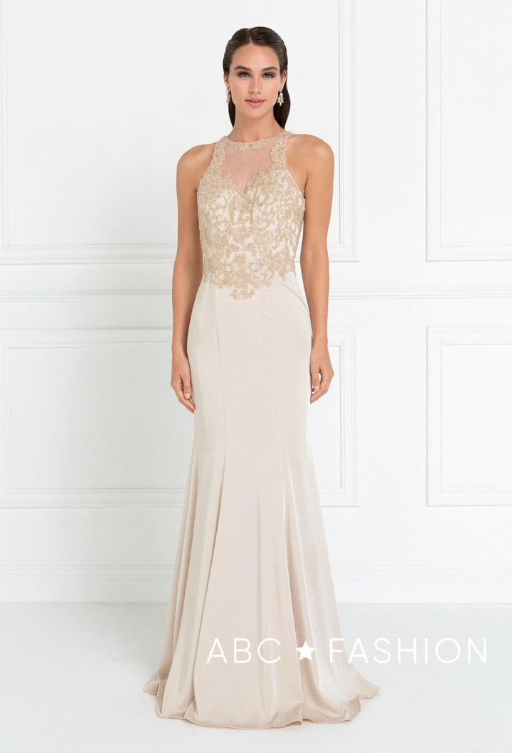 Champagne Mermaid Gown with Beaded Illusion Bodice by Elizabeth K GL1568-Long Formal Dresses-ABC Fashion
