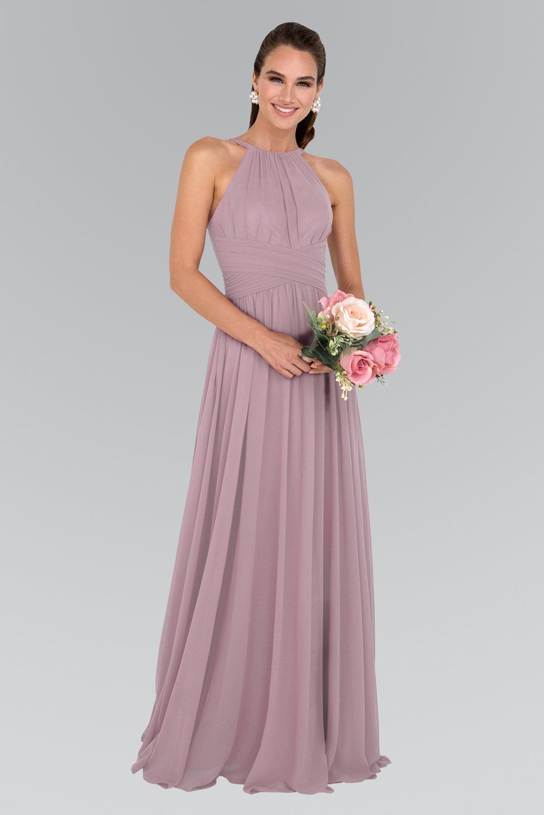 Chiffon High-Neck Ruched Long Mauve Dress by Elizabeth K GL1524-Long Formal Dresses-ABC Fashion