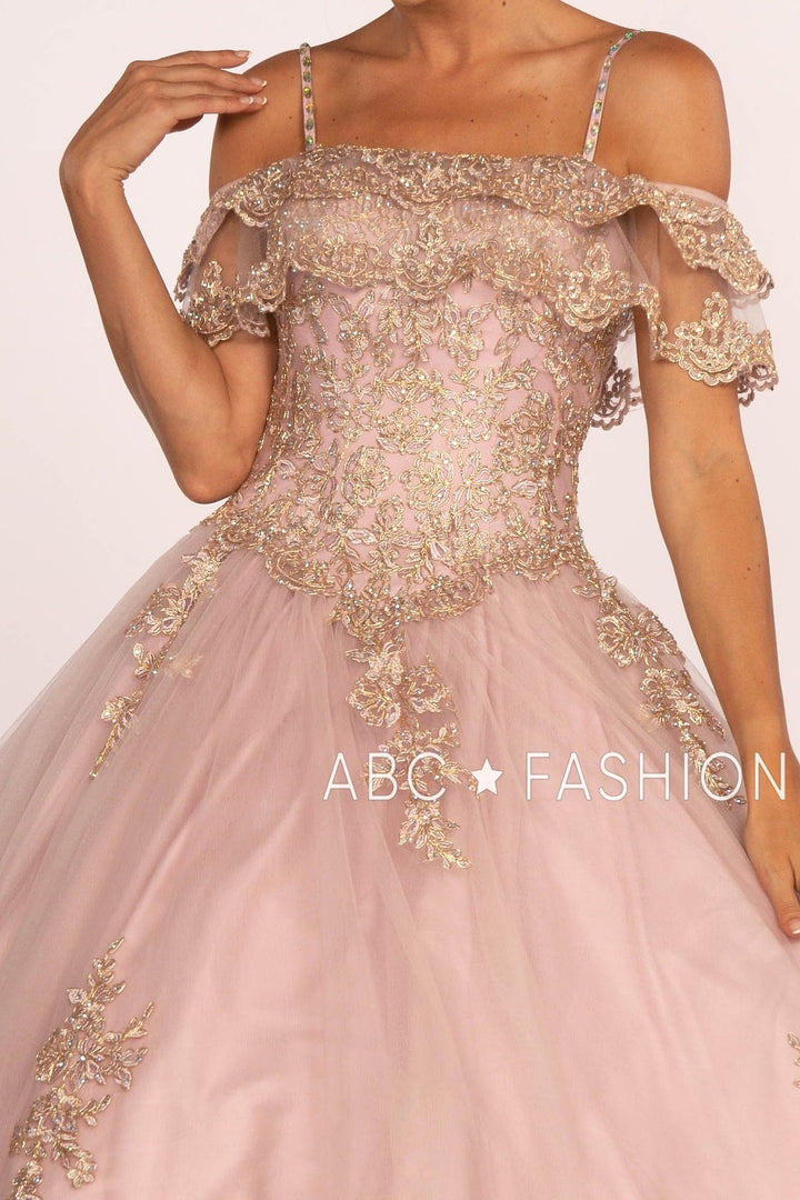 Cold Shoulder A-line Ball Gown with Gold Appliques by Elizabeth K GL2510-Quinceanera Dresses-ABC Fashion