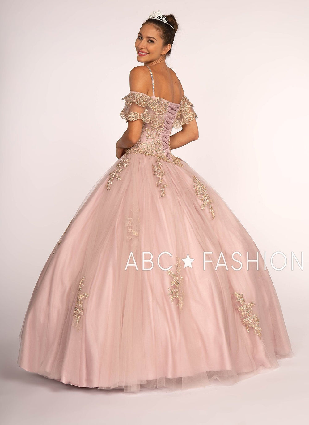 Cold Shoulder A-line Ball Gown with Gold Appliques by Elizabeth K GL2510-Quinceanera Dresses-ABC Fashion