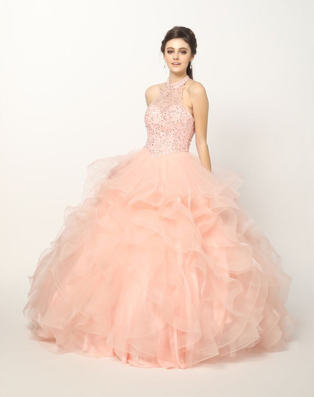 Crystal Beaded High Neck Ball Gown with Ruffled Skirt by Juliet 1420-Quinceanera Dresses-ABC Fashion