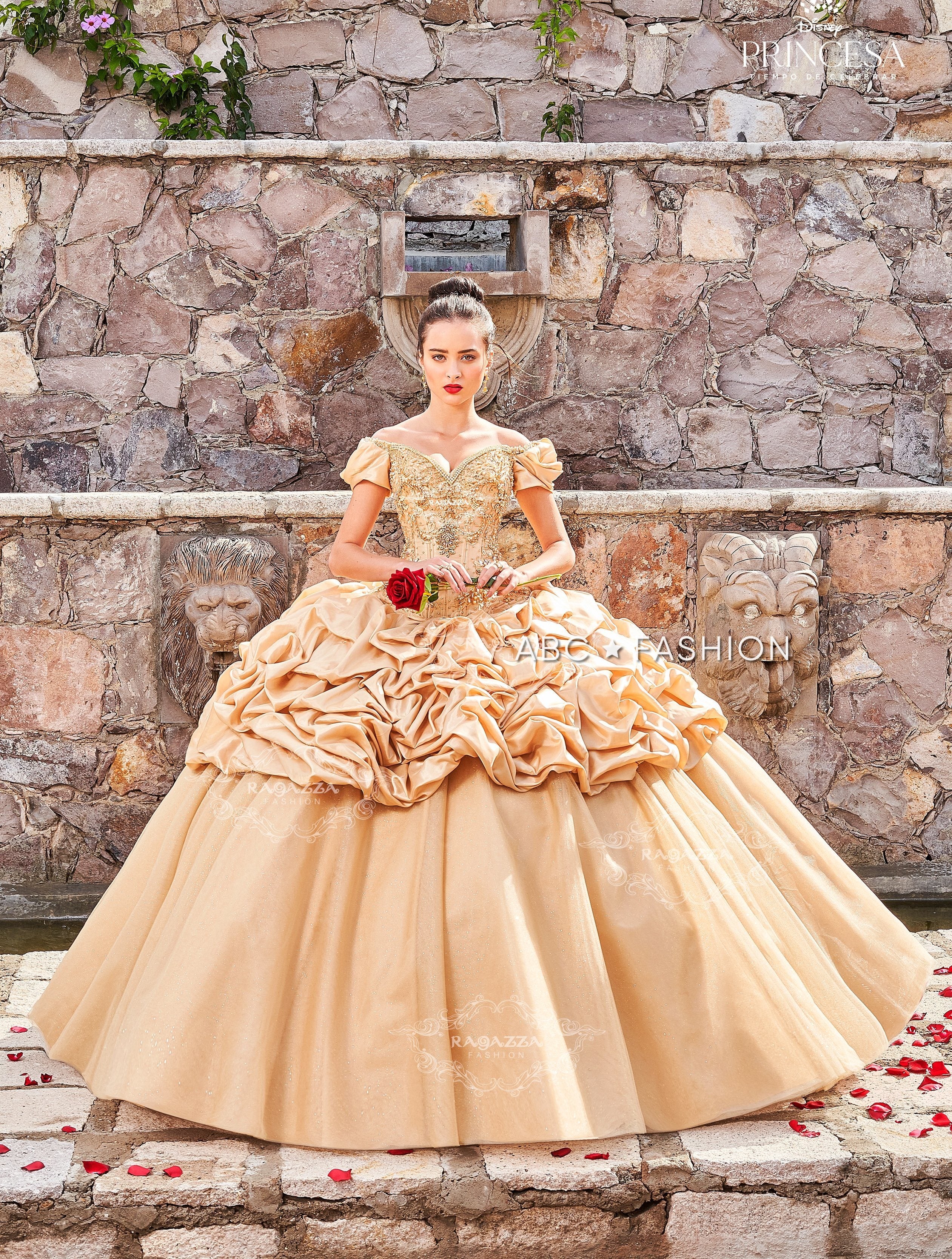princess belle quinceanera dress Gold Off Shoulder by Ragazza D68-568 11 / Gold house of CB with a process unique Ambretta | Lemon One-Shoulder Colors:Rose Pink