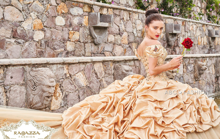 Gold Off Shoulder Quinceanera Dress by Ragazza D68-568