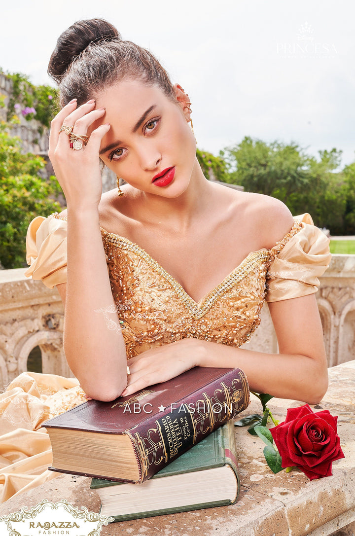 Gold Off Shoulder Quinceanera Dress by Ragazza D68-568