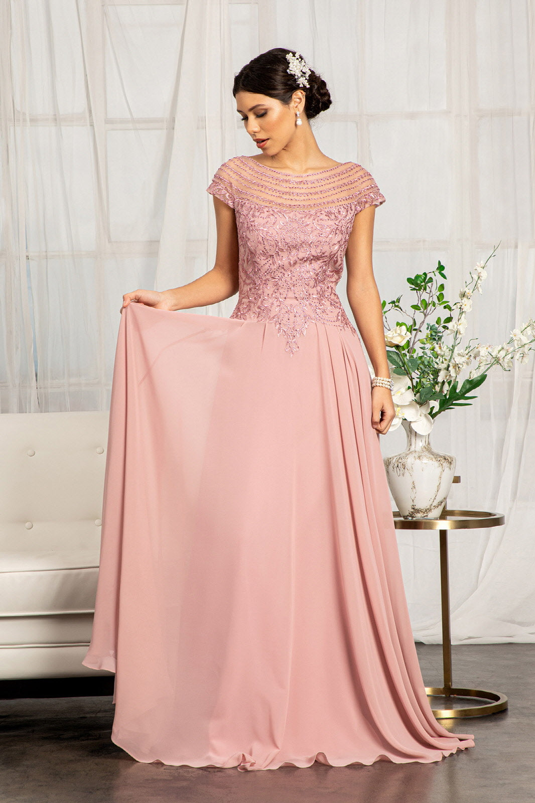 long chiffon dress with cap sleeves Elegant Chiffon Long V Neck Bridesmaid Dress with Cap Sleeves TBQP441