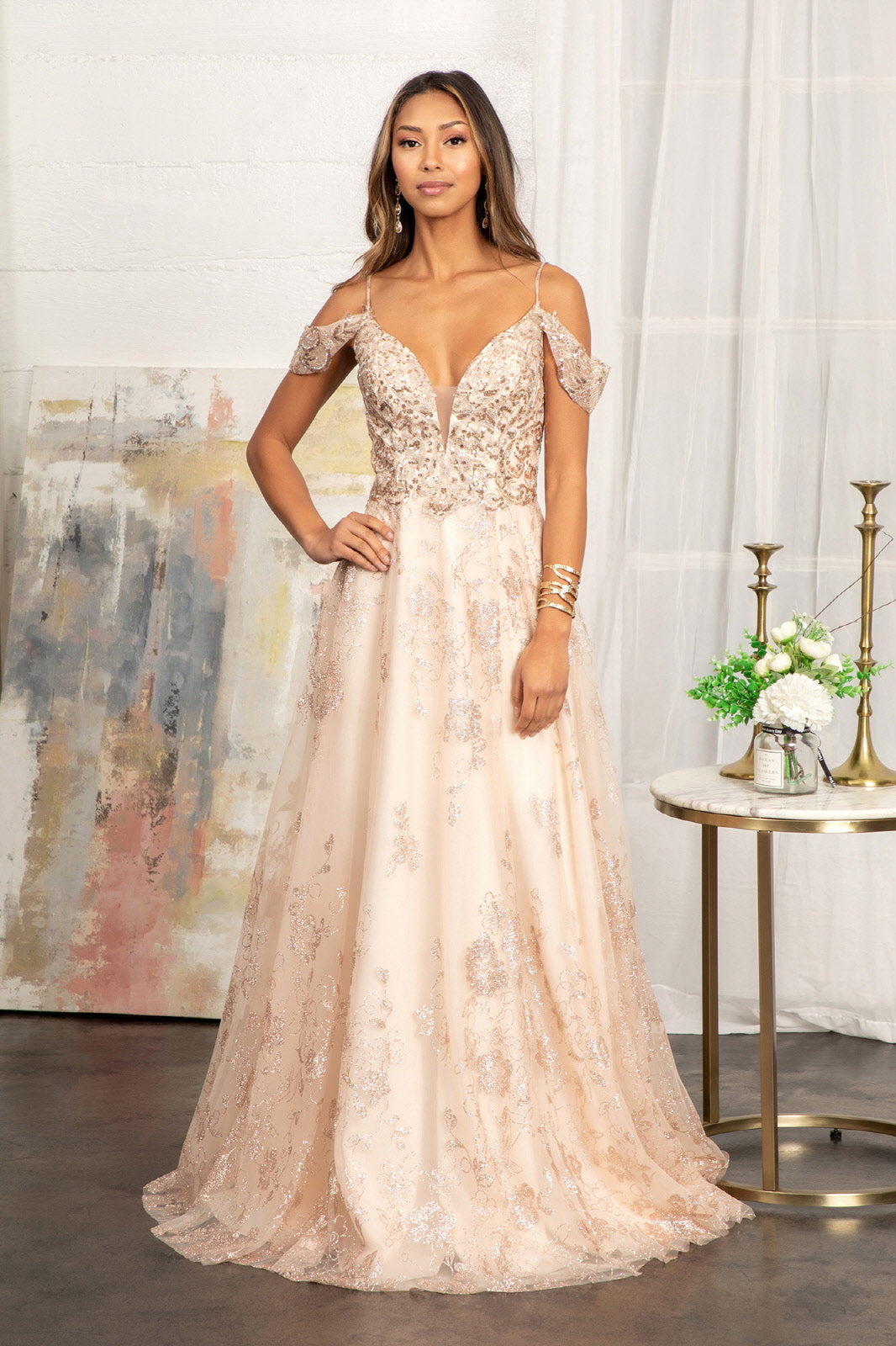 Embellished Cold Shoulder Gown by Elizabeth K GL3070 L / Champagne