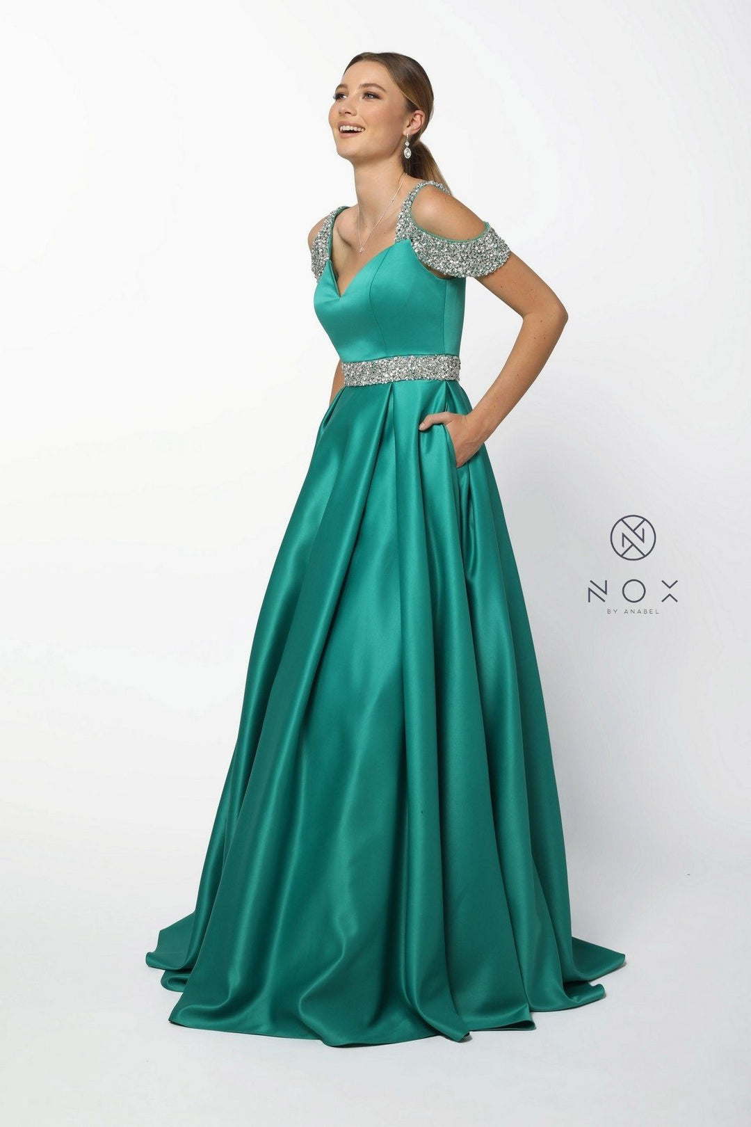 Embellished Cold Shoulder Long Sweetheart Dress by Nox Anabel R224-Long Formal Dresses-ABC Fashion