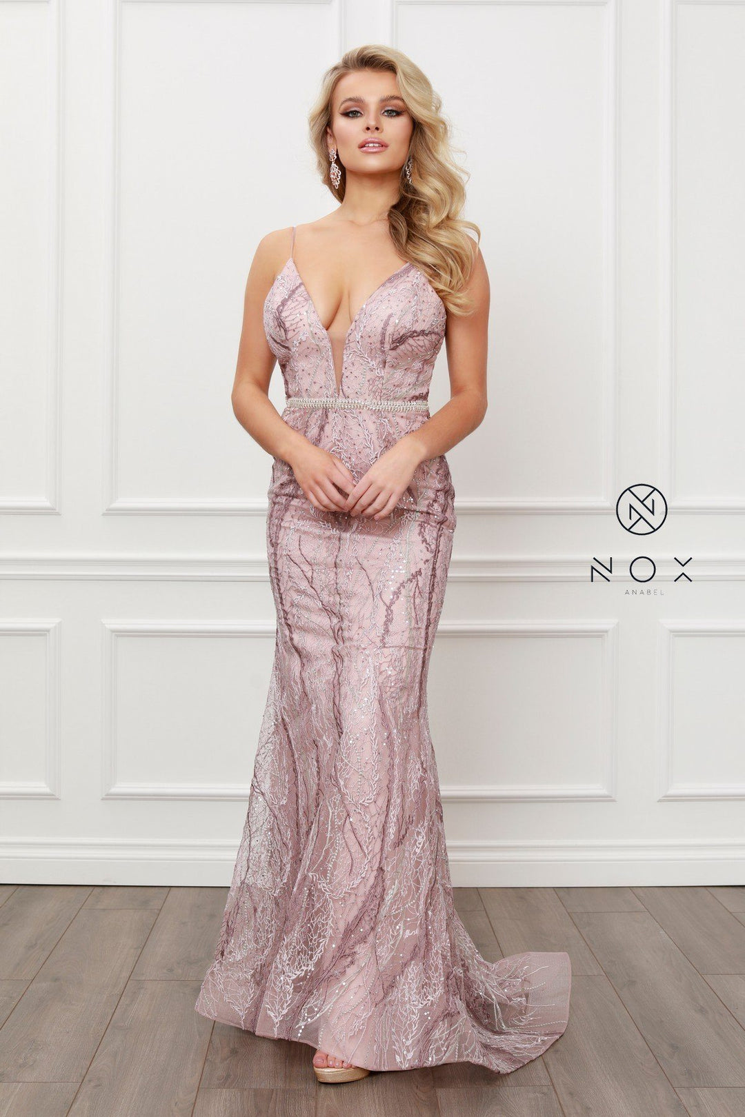 Embellished Deep V-Neck Mermaid Gown by Nox Anabel Y409