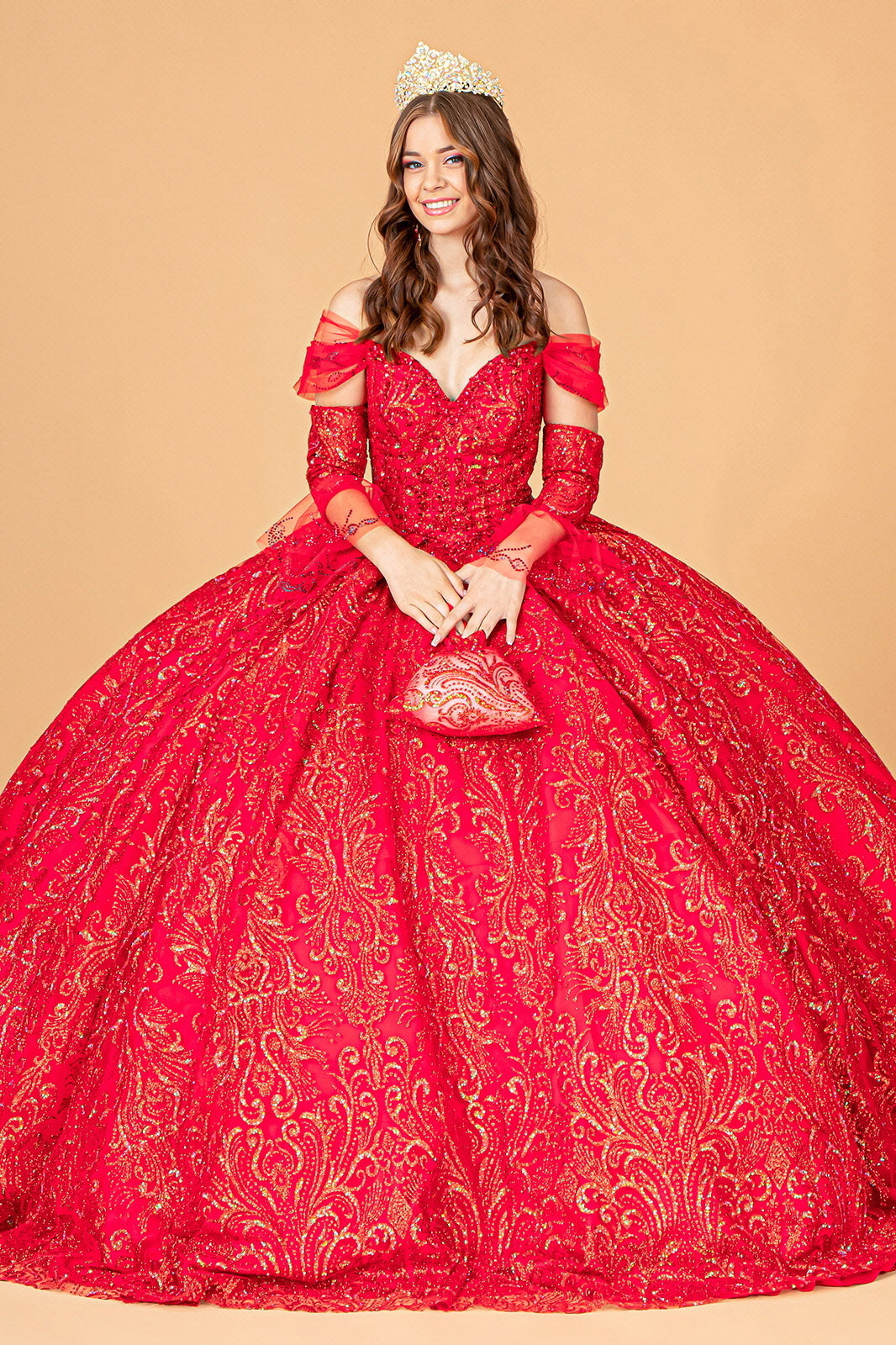 red sparkly off the shoulder dress Elizabeth K GL3073 Ball Gown Formal Dress Shops Red / S