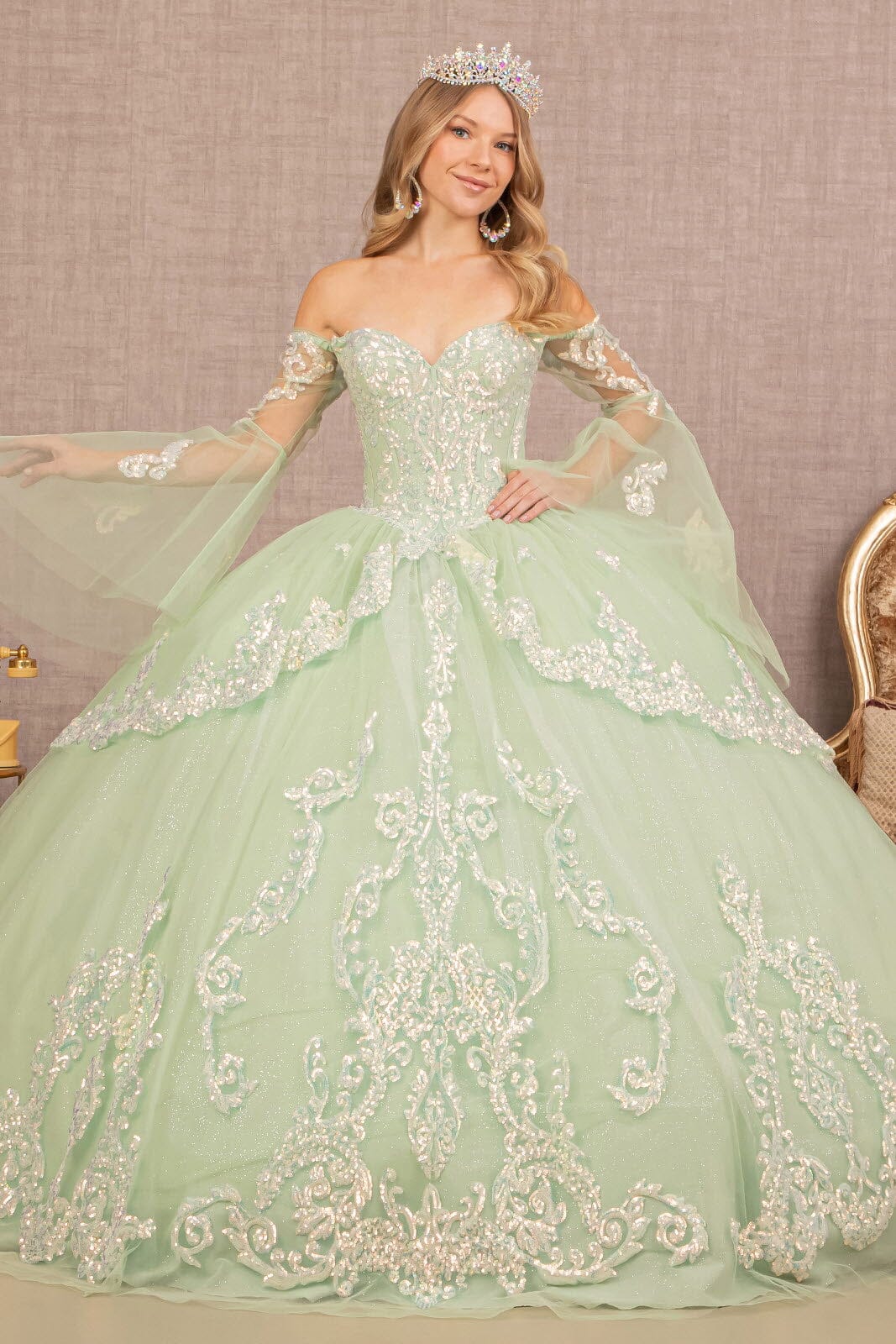 Embroidered Bell Sleeve Ball Gown by Elizabeth K GL3109 XL / Blush