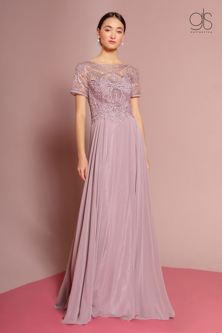 Embroidered Chiffon Gown with Short Sleeves by Elizabeth K GL2683-Long Formal Dresses-ABC Fashion