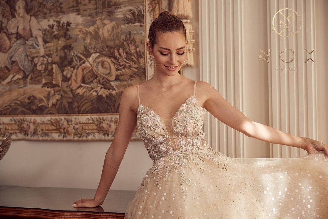 Embroidered Illusion Sleeveless Gown by Nox Anabel E1002