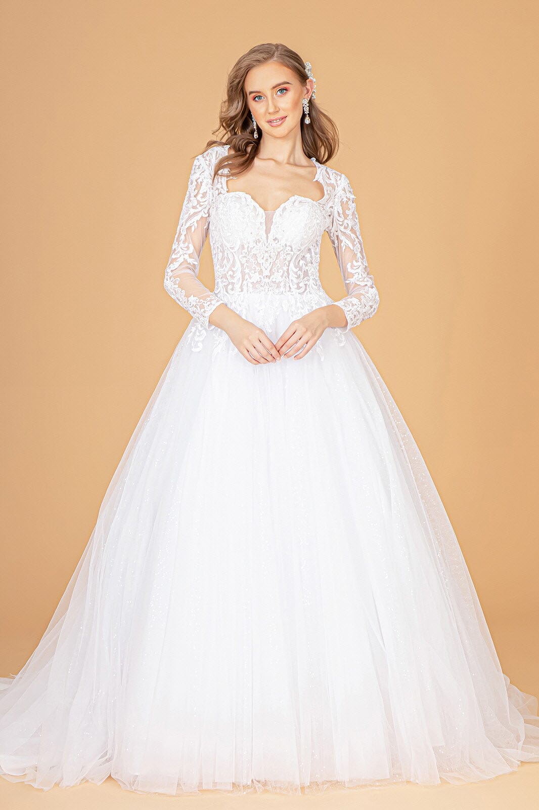 Embroidered Long Sleeve Wedding Dress by Elizabeth K GL1804 XS / White Embroidered Long Sleeve Wedding Dress by Elizabeth K GL1804 XS / White