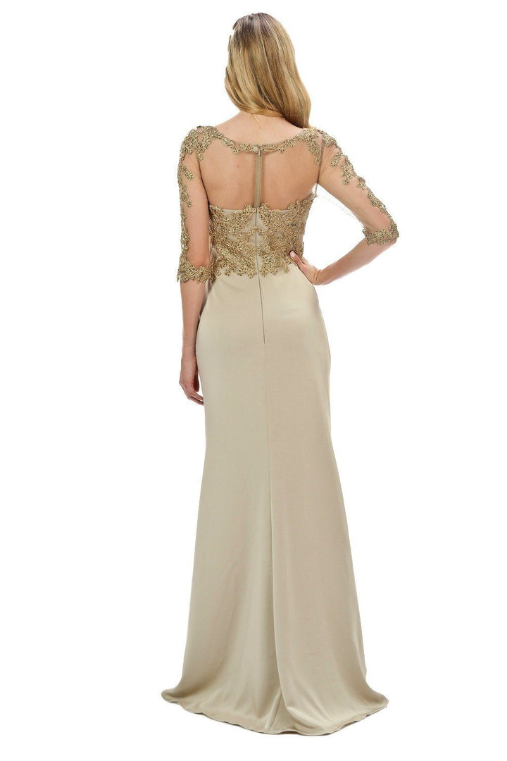 Embroidered Mid Sleeve Gown with Front Slit by Poly USA 7584-Long Formal Dresses-ABC Fashion