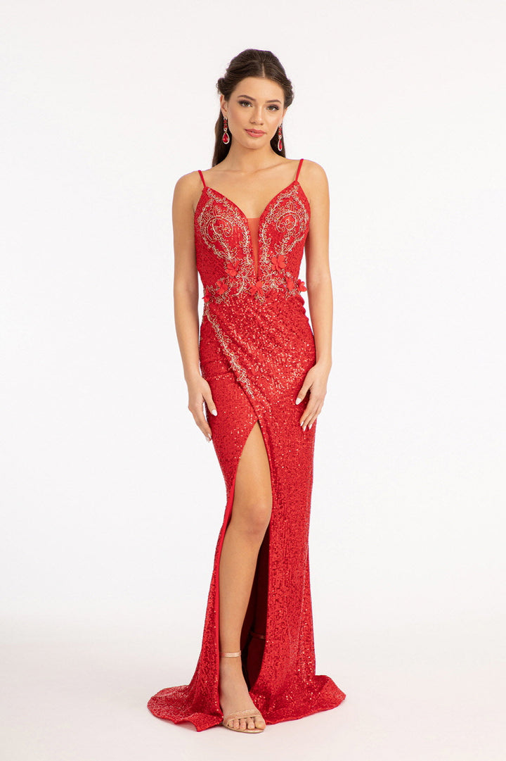 Embroidered Sequin Slit Gown by Elizabeth K GL3053