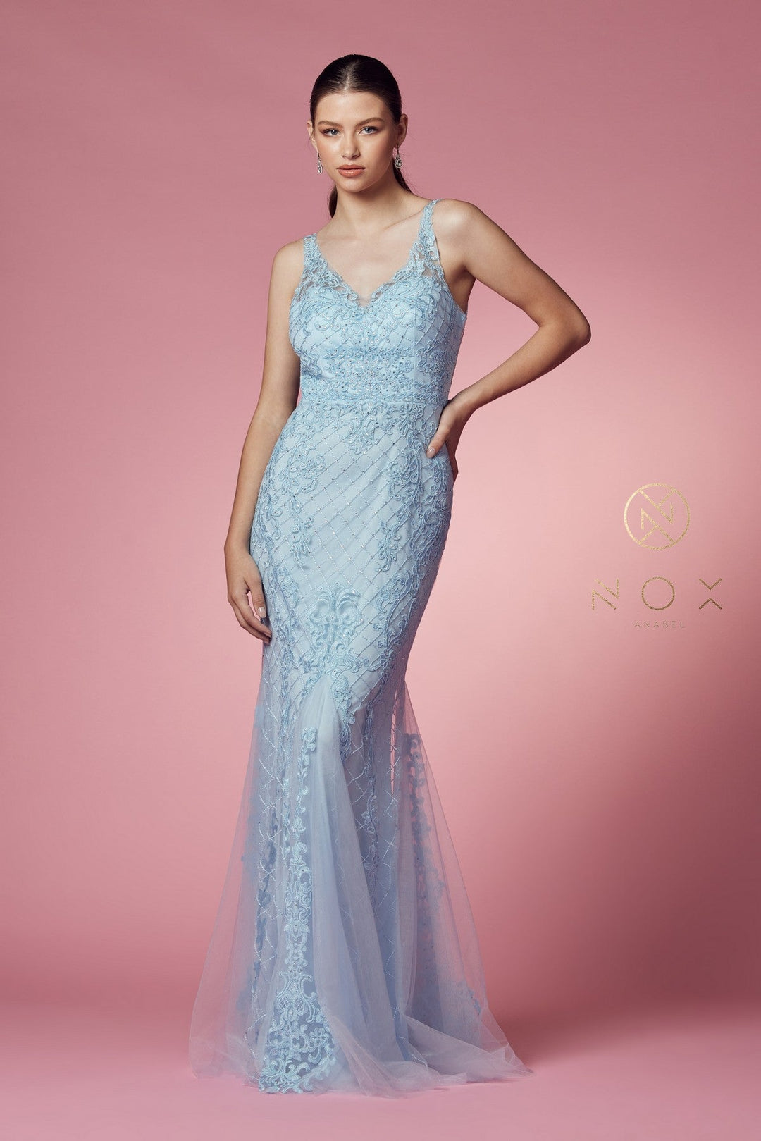 Embroidered Sleeveless Mermaid Dress by Nox Anabel A398