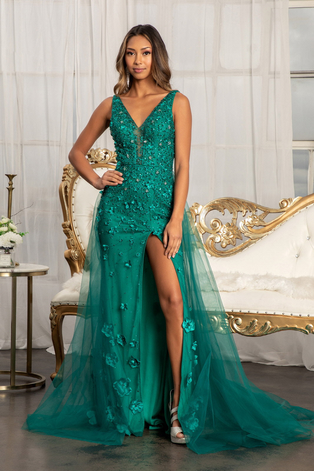 Elizabeth K GL3011 Fitted Floral Applique Gown - Formal Dress Shops XL / Emerald Green Elizabeth K GL3011 Fitted Floral Applique Gown - Formal Dress Shops XL / Emerald Green