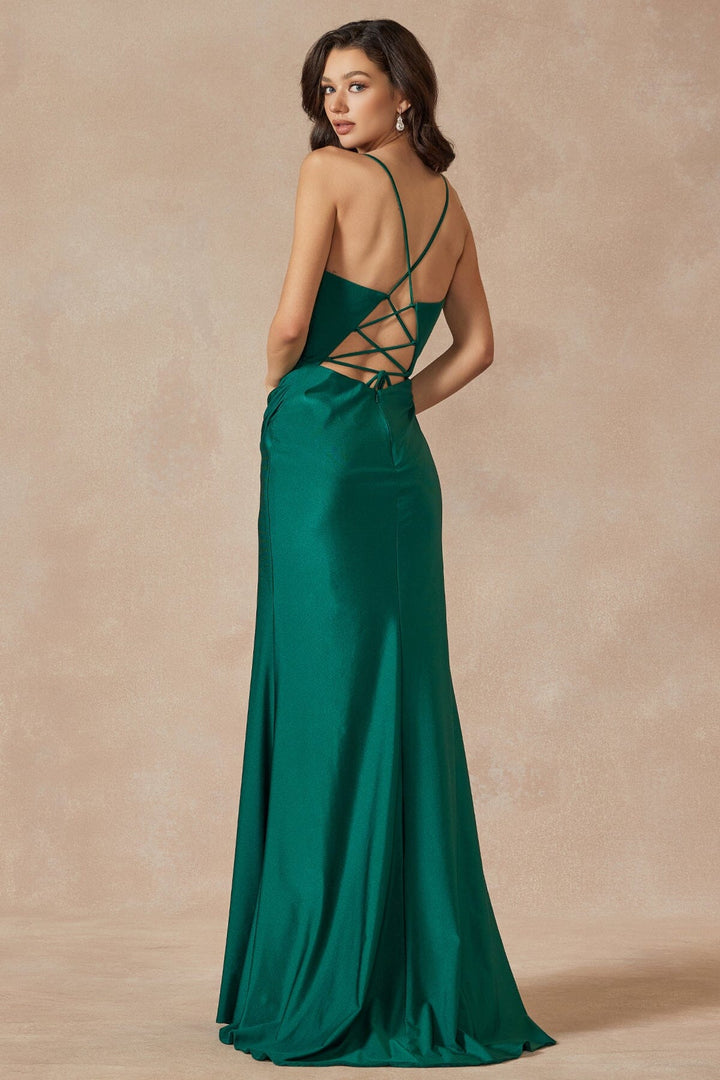 Fitted Cowl Neck Satin Corset Slit Gown by Juliet 291