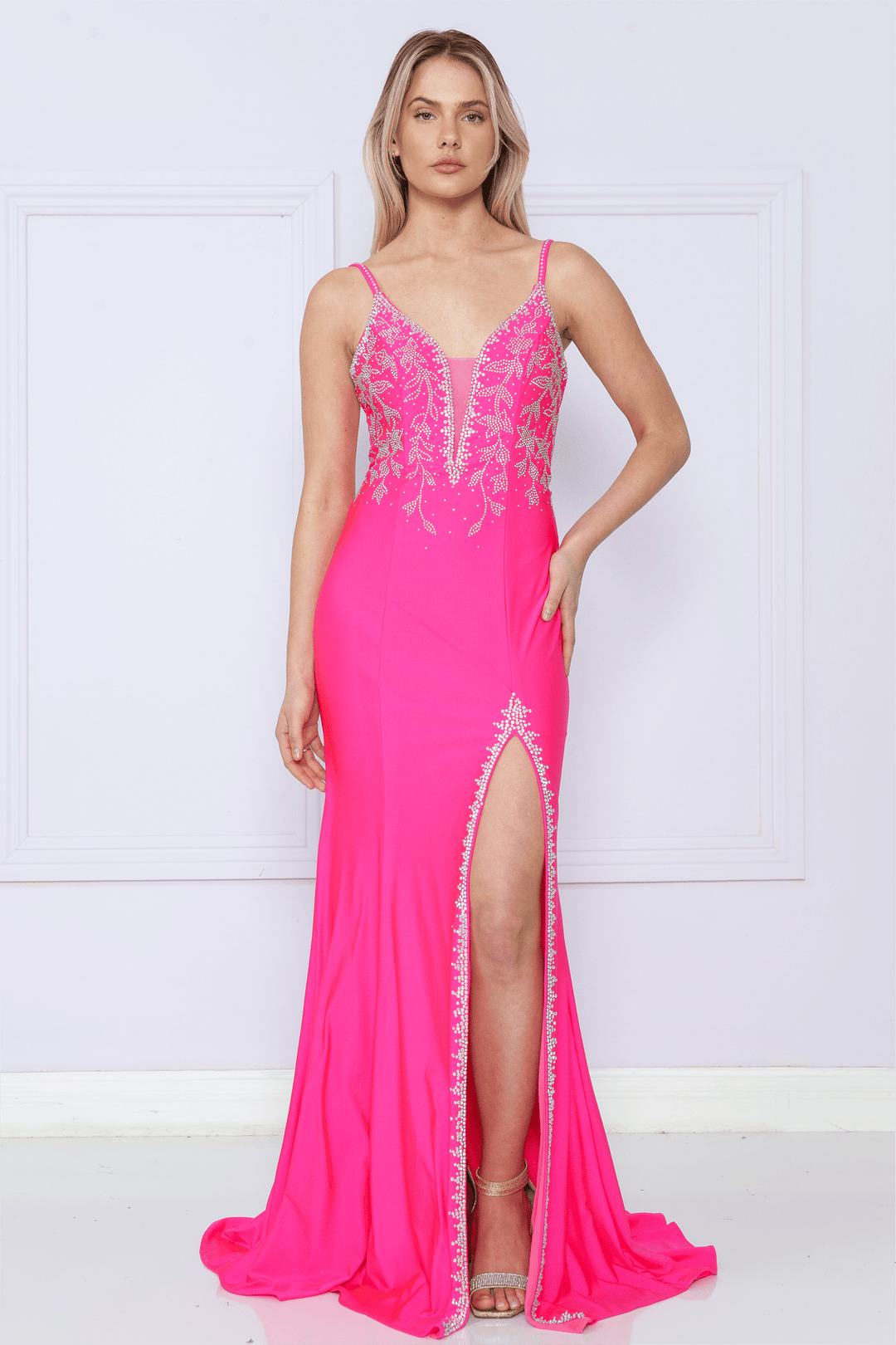Fitted Embroidered Deep V-Neck Gown by Poly USA 9120