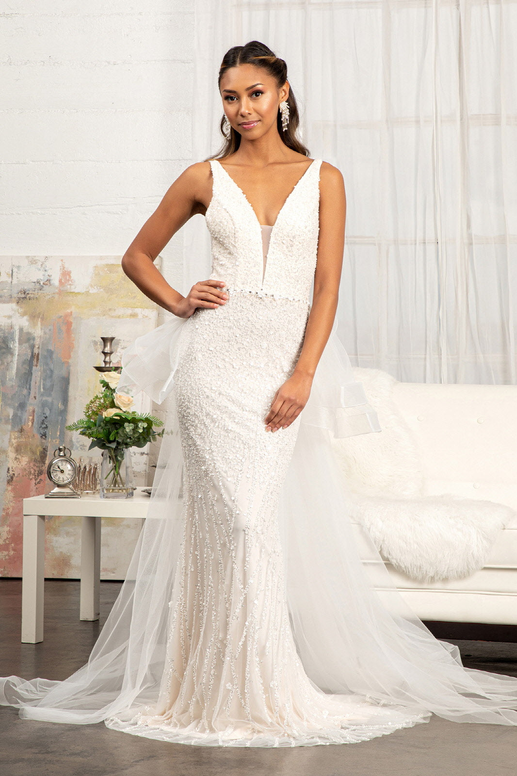 Floral Applique Gown by Elizabeth KGL3014 - Ivory/Champagne / S Floral Applique Gown by Elizabeth KGL3014 - Ivory/Champagne / S