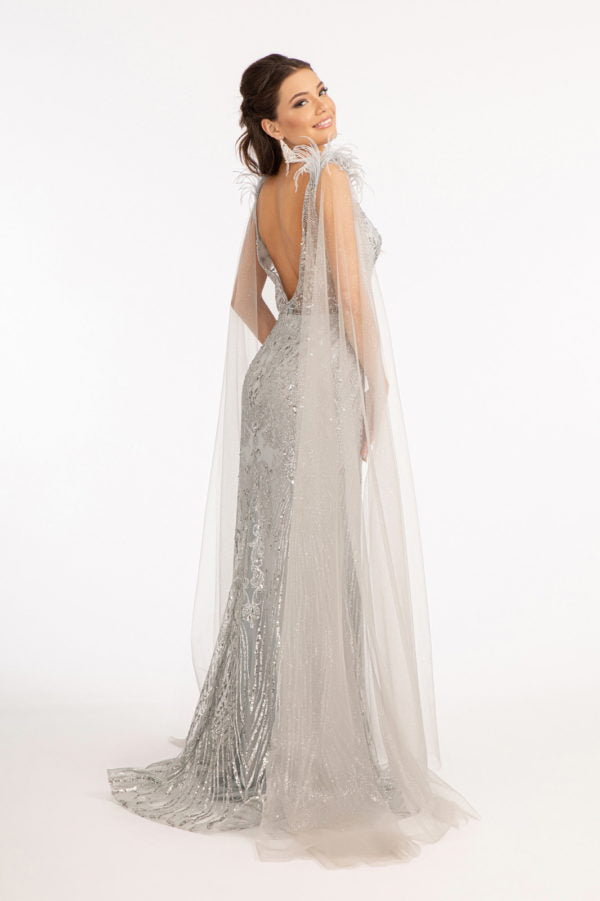 Fitted Glitter Cape Sleeve Gown by Elizabeth K GL3047