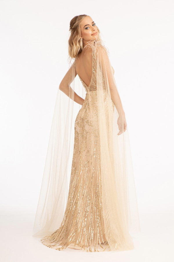 Fitted Glitter Cape Sleeve Gown by Elizabeth K GL3047