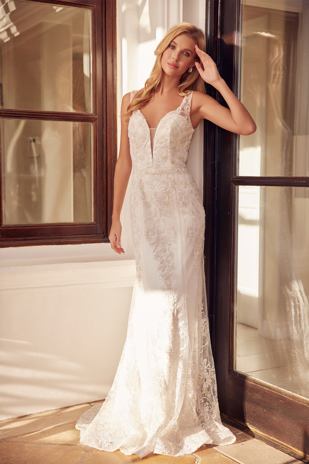 Fitted Glitter Print V-Neck Gown by Juliet 277