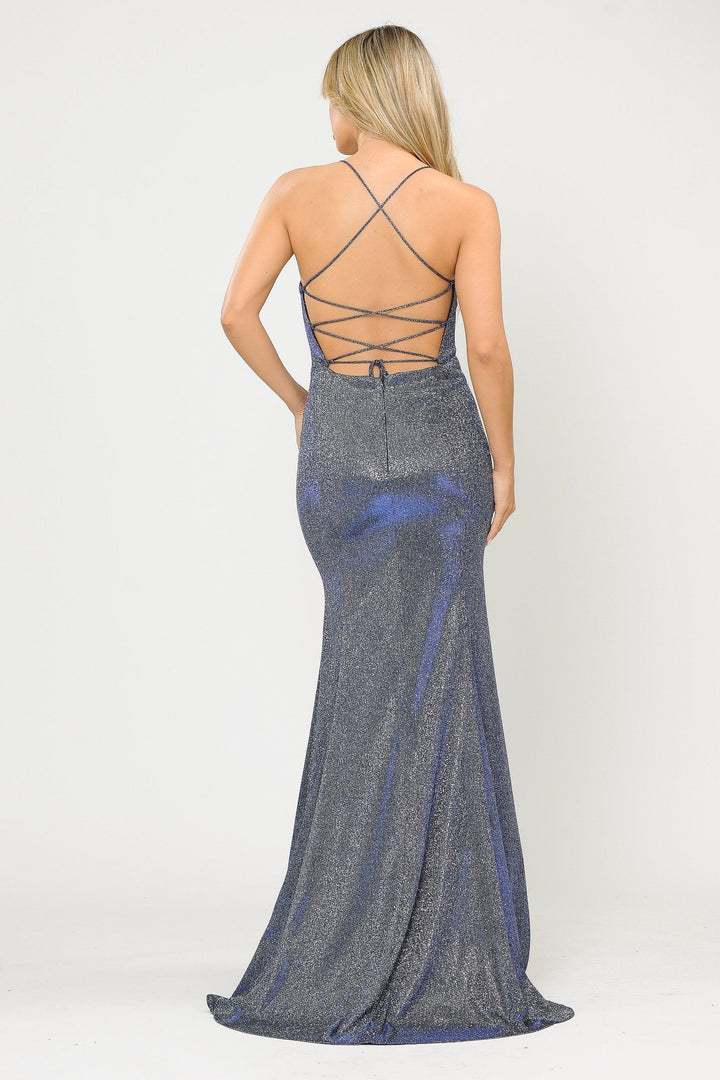Fitted Long Glitter V-Neck Dress with Corset Back by Poly USA 8668