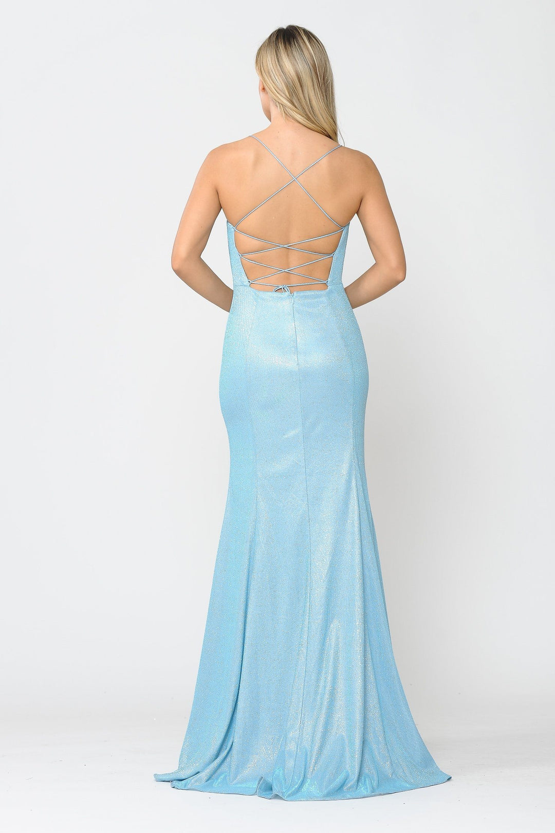 Fitted Long Glitter V-Neck Dress with Corset Back by Poly USA 8668