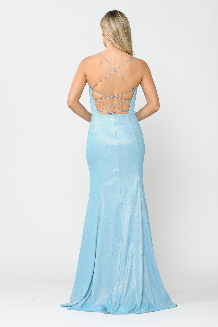 Fitted Long Glitter V-Neck Dress with Corset Back by Poly USA 8668
