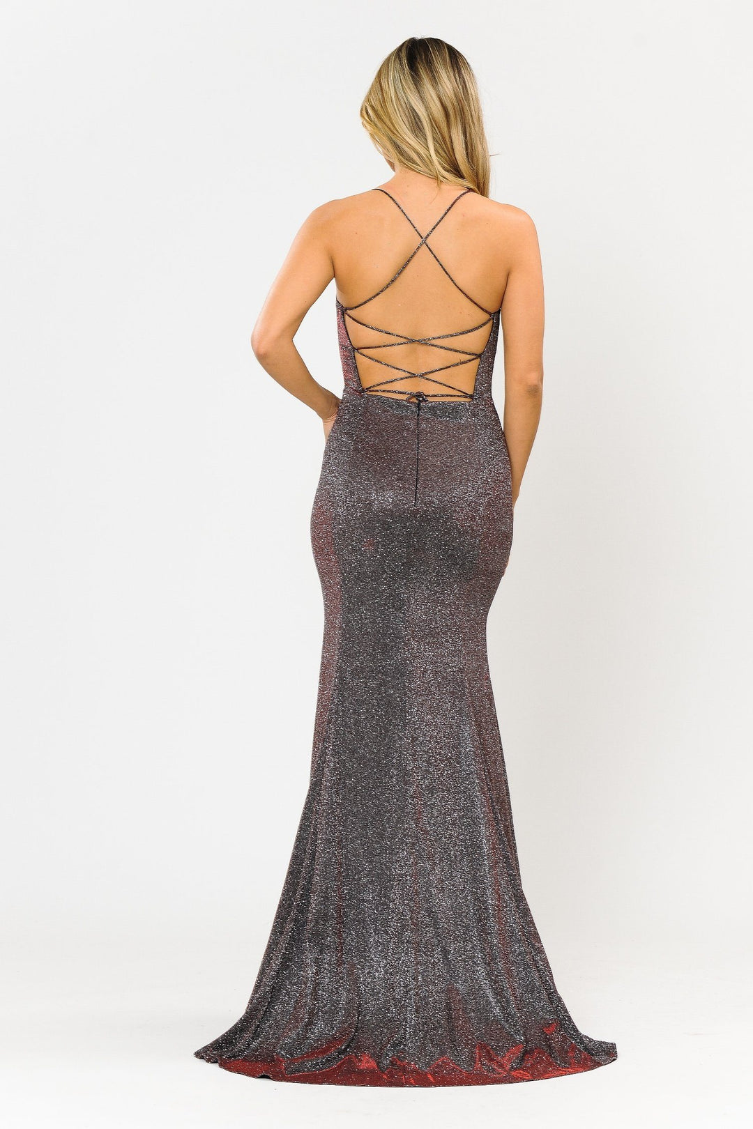 Fitted Long Glitter V-Neck Dress with Corset Back by Poly USA 8668