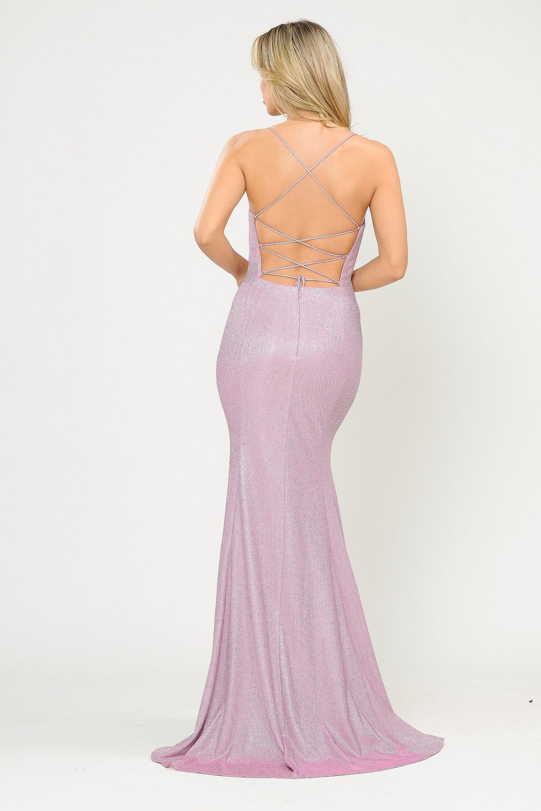 Fitted Long Glitter V-Neck Dress with Corset Back by Poly USA 8668