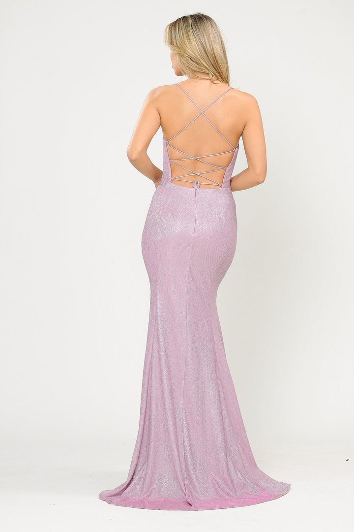 Fitted Long Glitter V-Neck Dress with Corset Back by Poly USA 8668