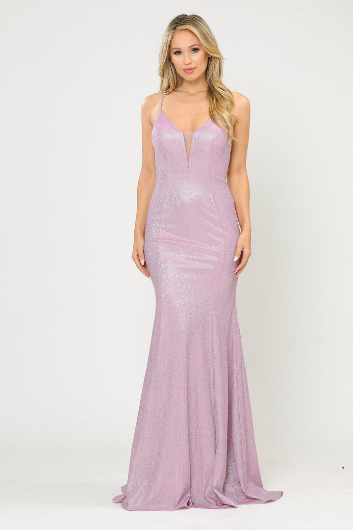 Fitted Long Glitter V-Neck Dress with Corset Back by Poly USA 8668