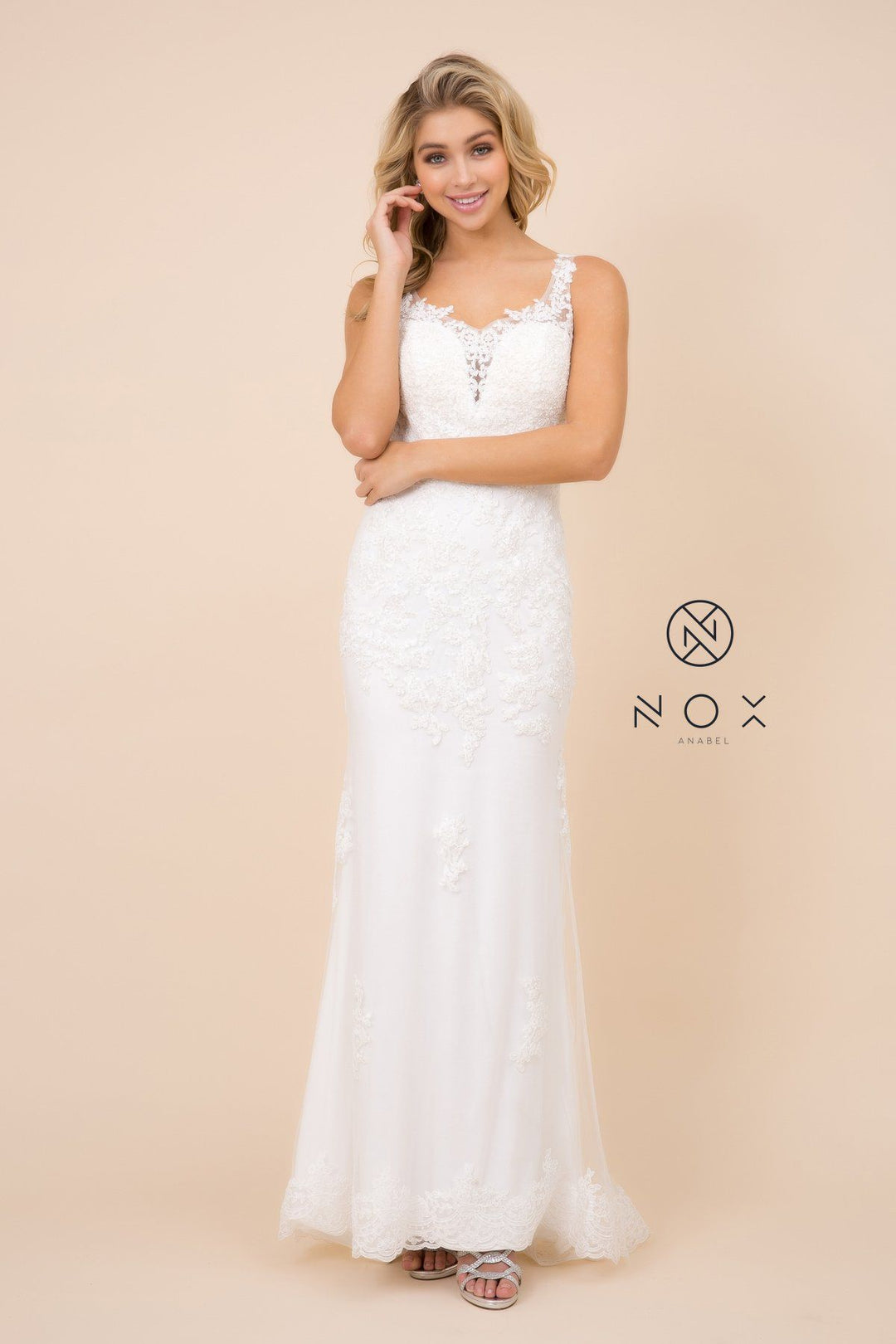 Fitted Long Lace Applique V-Neck Dress by Nox Anabel W907