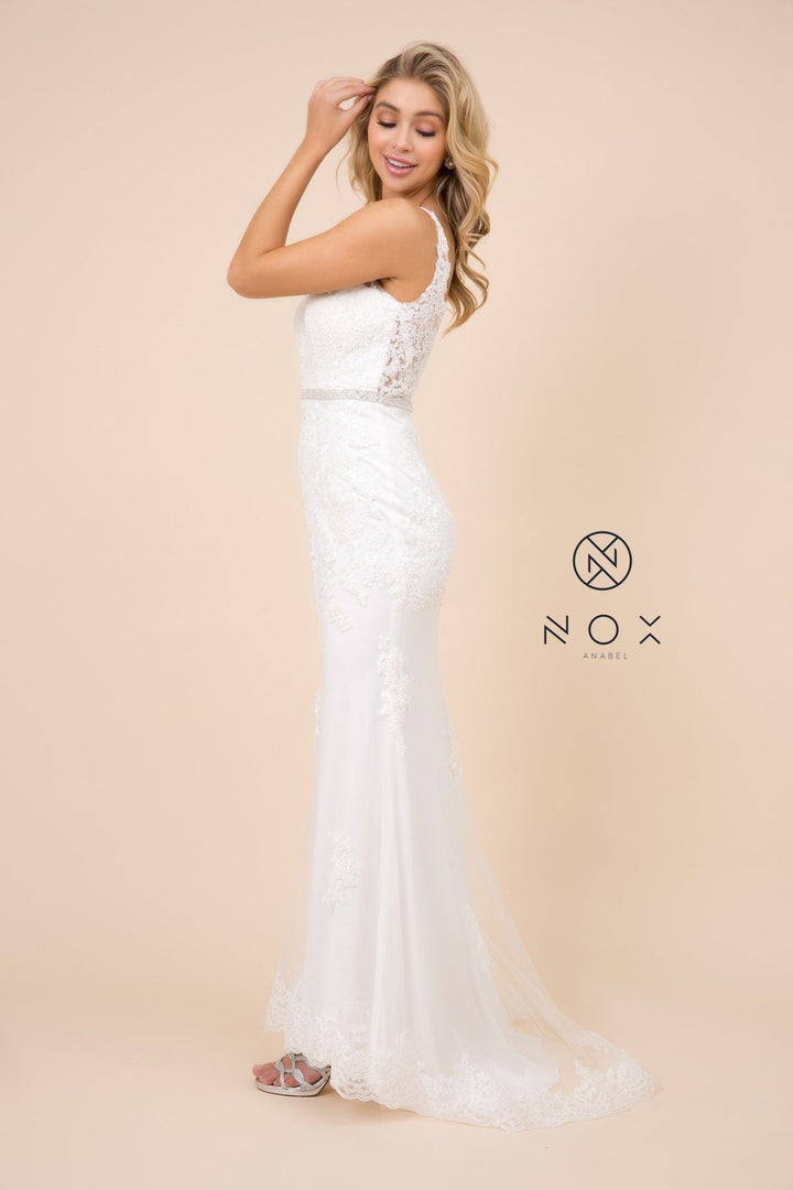 Fitted Long Lace Applique V-Neck Dress by Nox Anabel W907