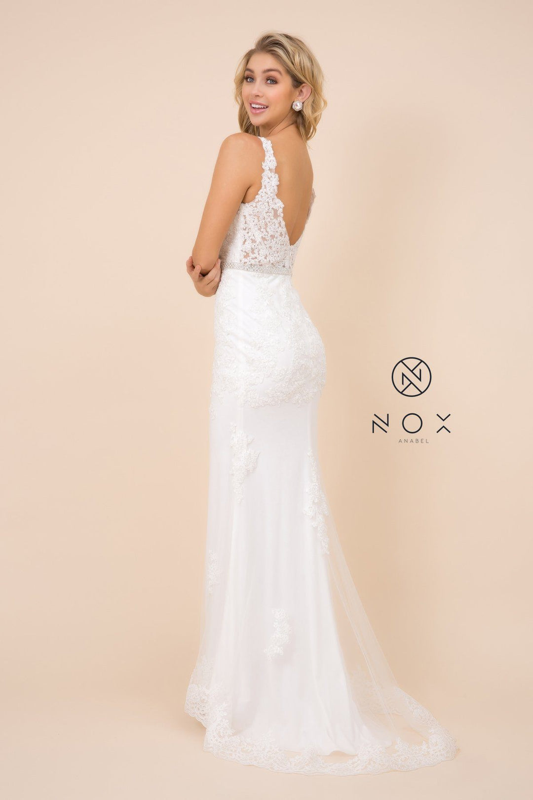 Fitted Long Lace Applique V-Neck Dress by Nox Anabel W907
