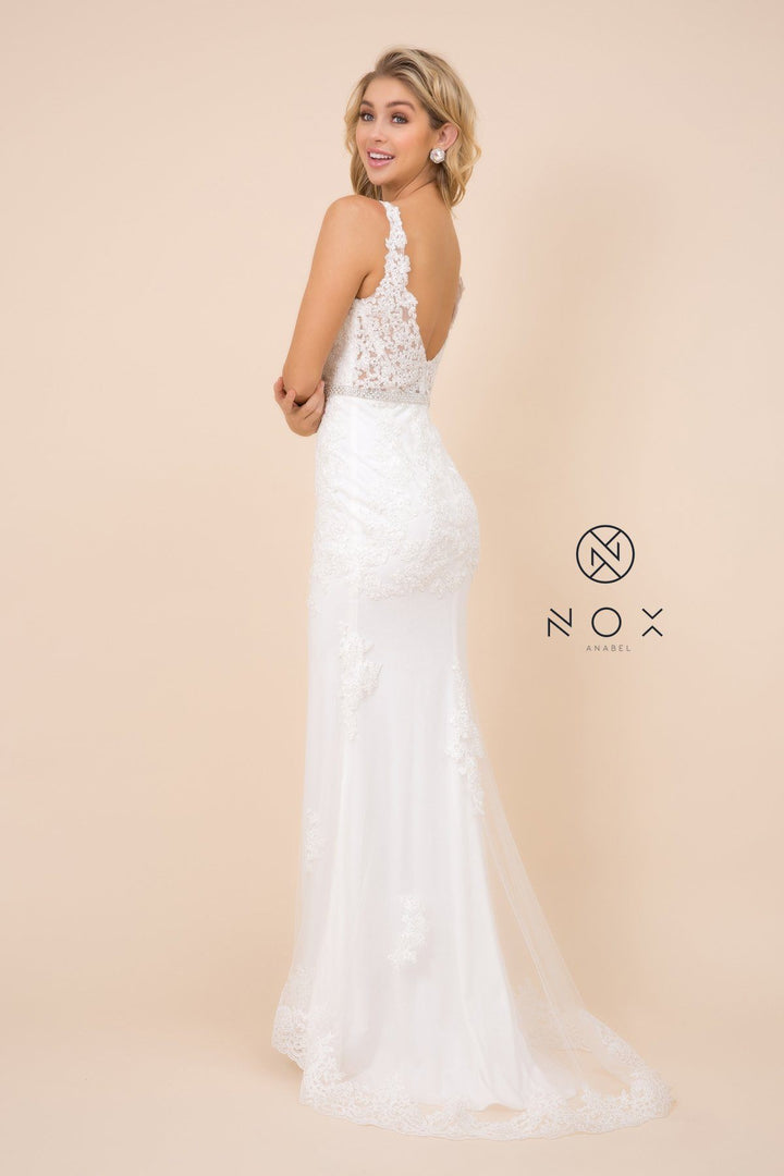 Fitted Long Lace Applique V-Neck Dress by Nox Anabel W907