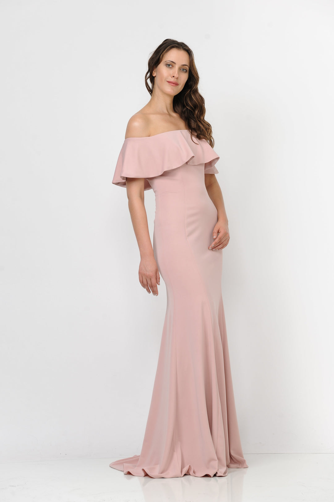 Fitted Long Ruffled Off Shoulder Dress by Poly USA 8146