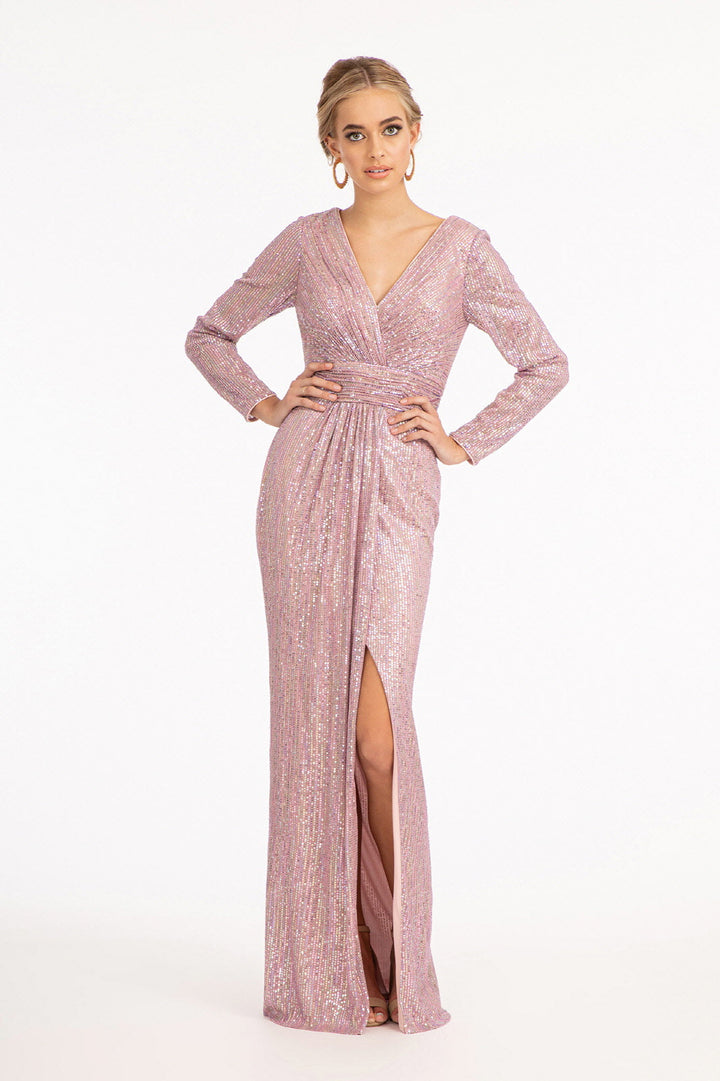 Fitted Long Sleeve Sequin Gown by Elizabeth K GL3063