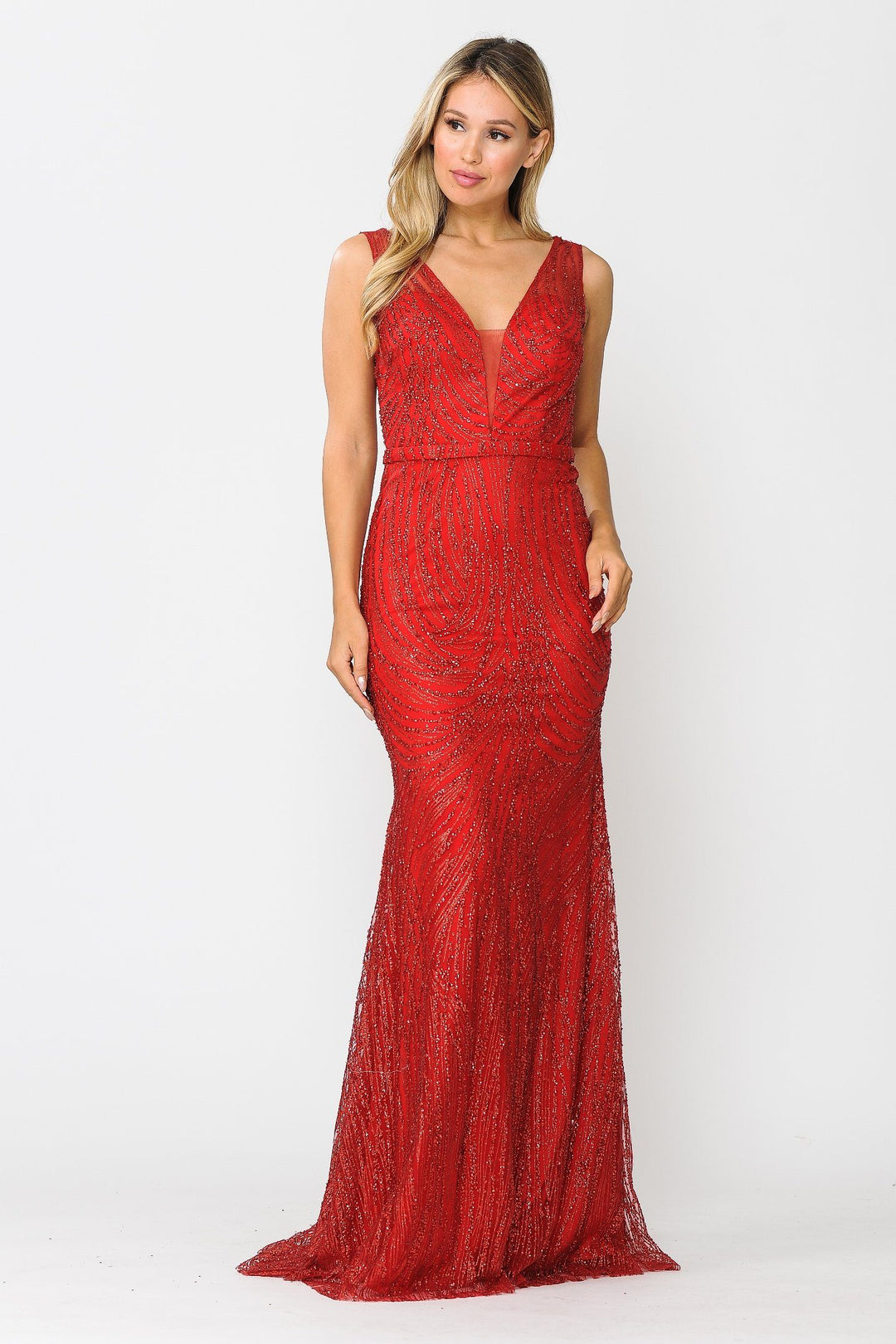 Fitted Long V-Neck Glitter Mesh Dress by Poly USA 8424