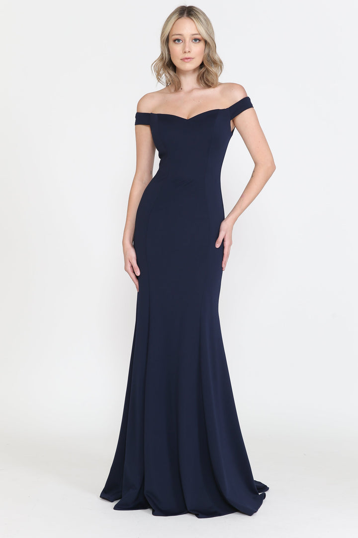 Fitted Off Shoulder Jersey Gown by Poly USA 8160