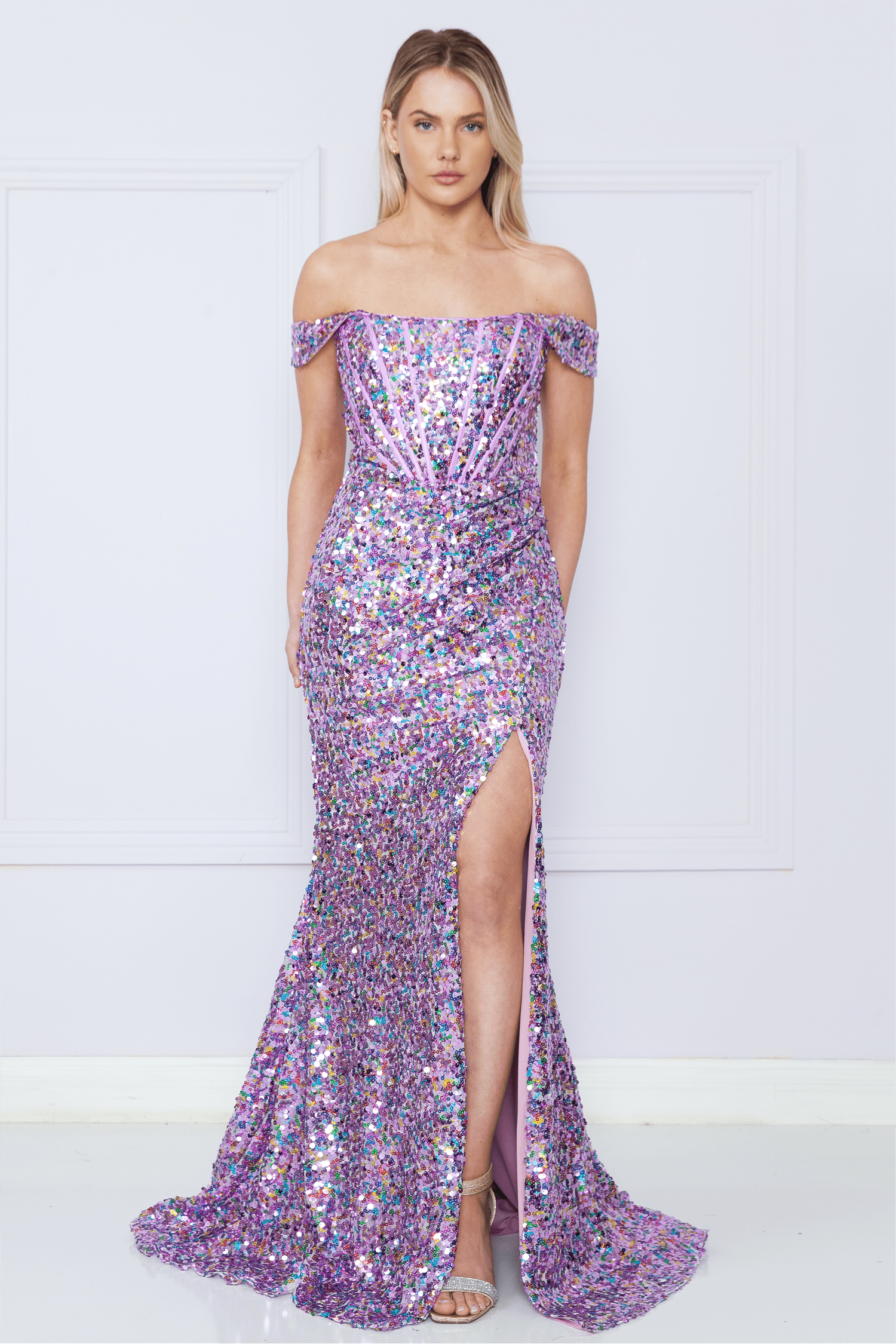 Poly USA 9150 Fitted Off Shoulder Sequin Slit Gown
