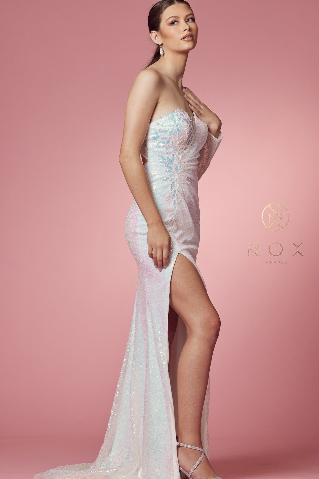 Fitted One Sleeve Sequin Gown by Nox Anabel S1017